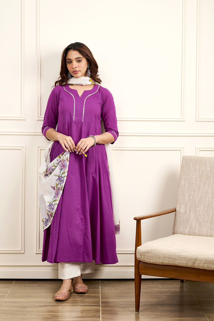 Gul Purple Cotton Kalidar Gota Kurta with Off White Hand Block Printed Palazzo and Mulmul Dupatta- Set of 3