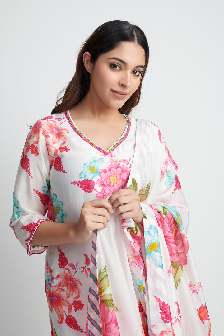 Floral Fiesta White EMBROIDERED KURTA SET of 3