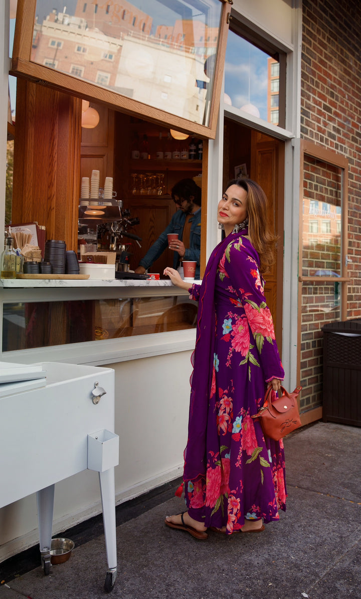 Kompal in Floral Fiesta Purple printed Anarkali with Chooridar and Dupatta- Set of 3