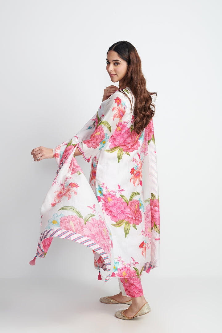 Floral Fiesta White EMBROIDERED KURTA SET of 3