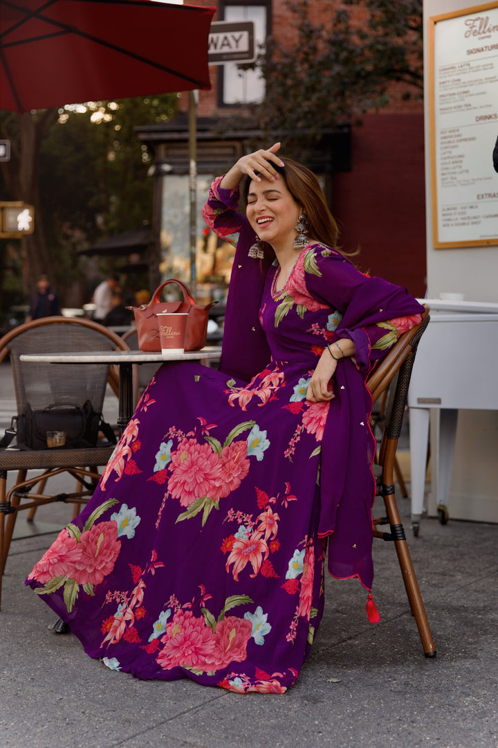 Kompal in Floral Fiesta Purple printed Anarkali with Chooridar and Dupatta- Set of 3