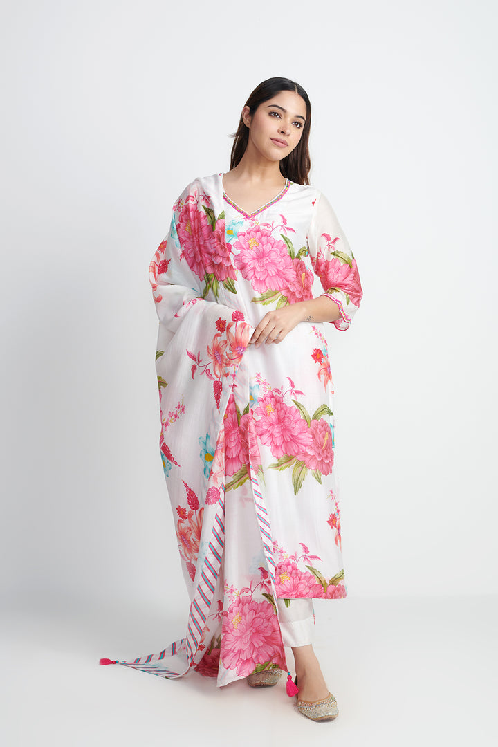 Floral Fiesta White EMBROIDERED KURTA SET of 3