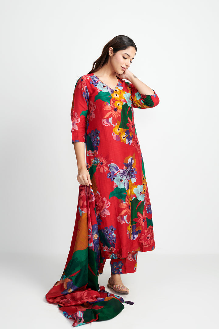 Songs of Summer Red Embroidered Kurta Set of 3