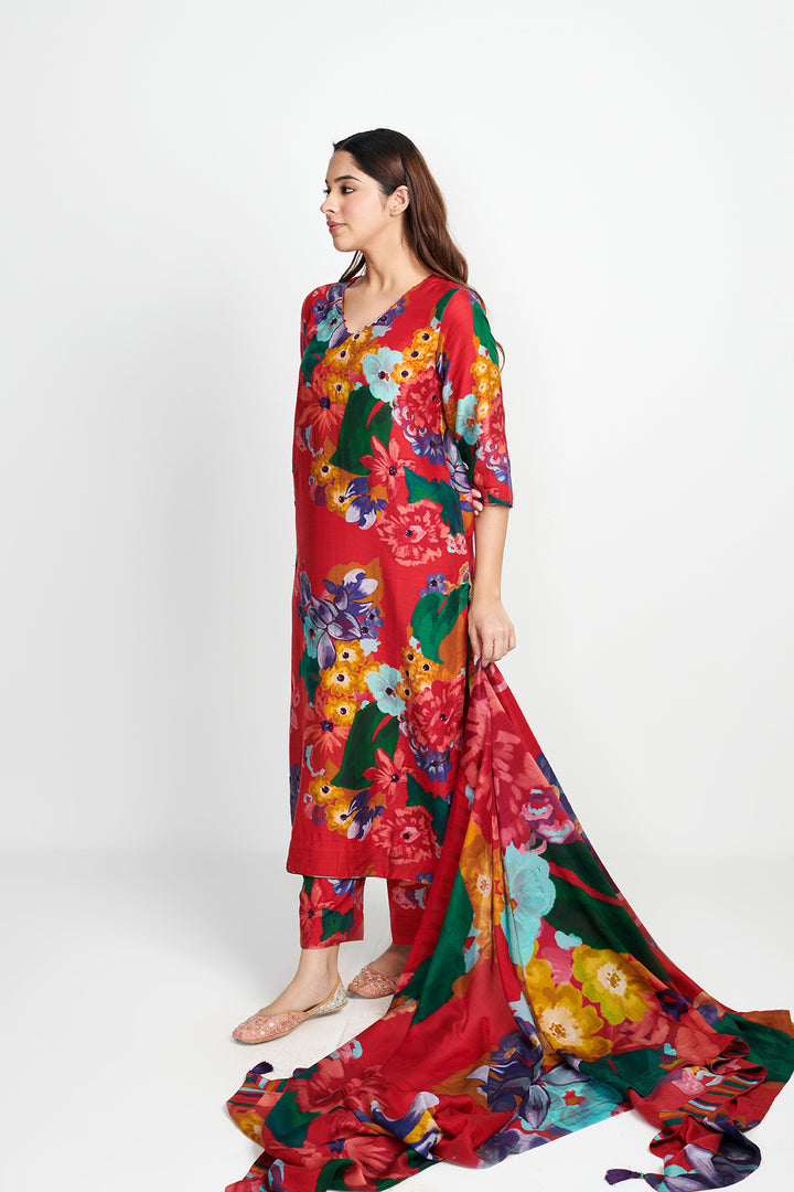 Songs of Summer Red Embroidered Kurta Set of 3