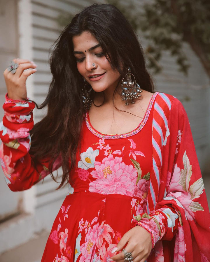 Kritika Khurana in Floral Fiesta Red printed Anarkali with Chooridar and Dupatta- Set of 3