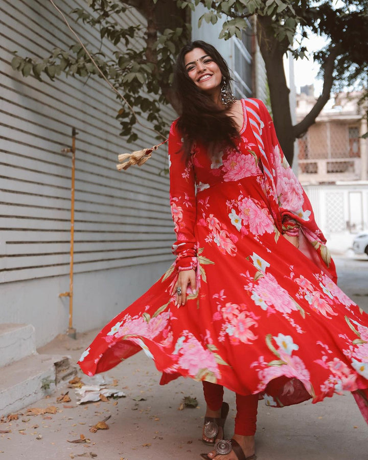 Kritika Khurana in Floral Fiesta Red printed Anarkali with Chooridar and Dupatta- Set of 3