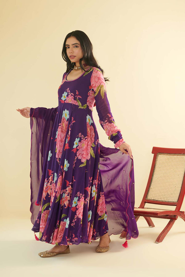 Floral Fiesta Purple printed Anarkali with Chooridar and Dupatta- Set of 3