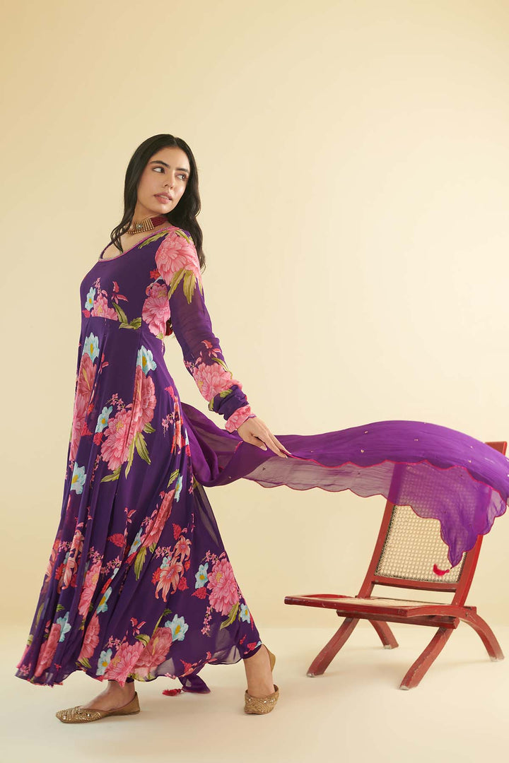 Floral Fiesta Purple printed Anarkali with Chooridar and Dupatta- Set of 3