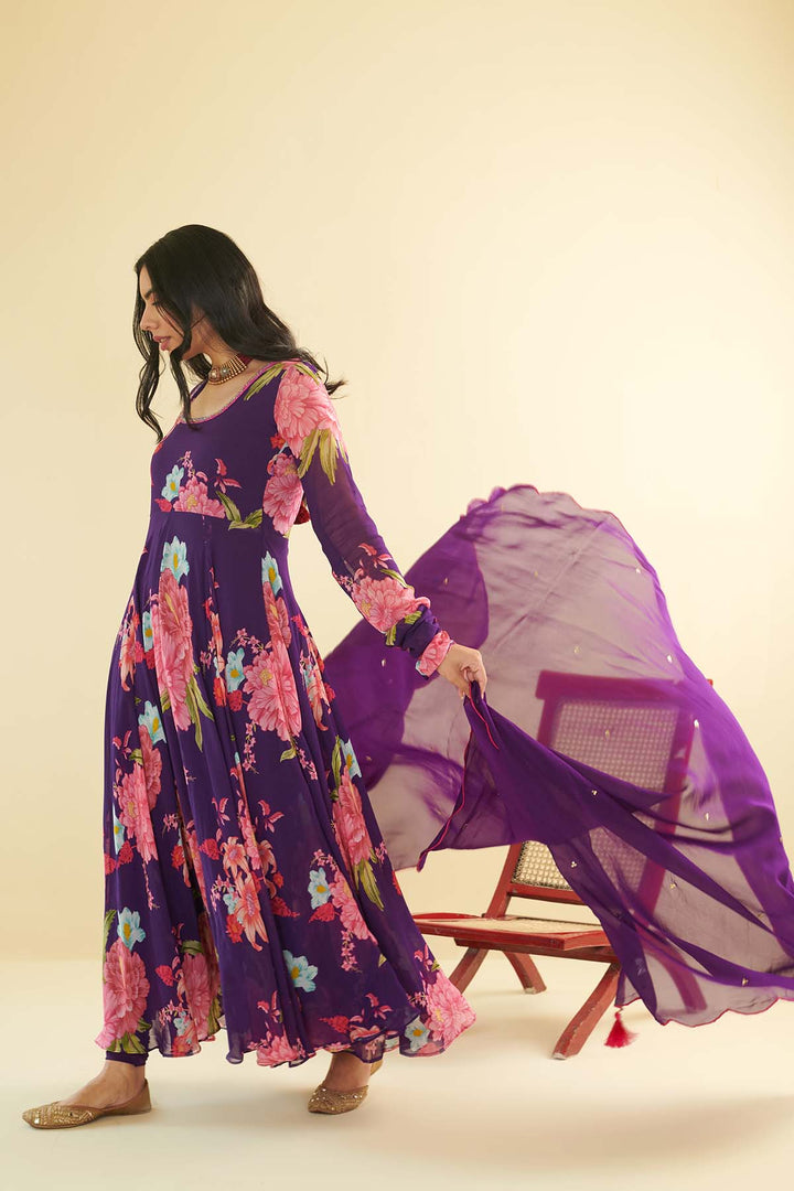 Floral Fiesta Purple printed Anarkali with Chooridar and Dupatta- Set of 3
