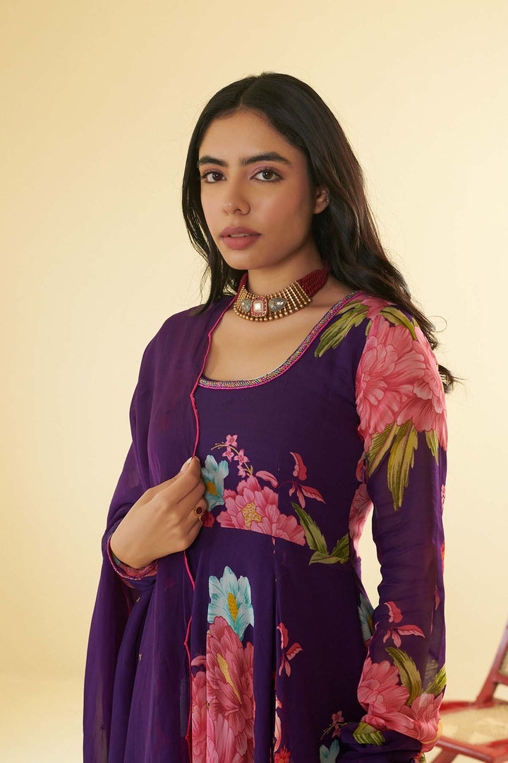 Floral Fiesta Purple printed Anarkali with Chooridar and Dupatta- Set of 3