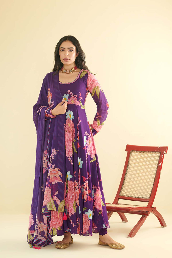 Floral Fiesta Purple printed Anarkali with Chooridar and Dupatta- Set of 3