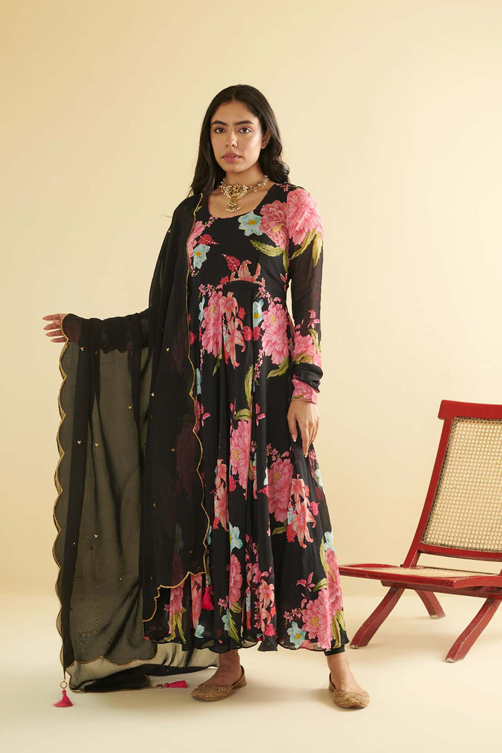 Floral Fiesta Brown printed Anarkali with Chooridar and Dupatta- Set of 3