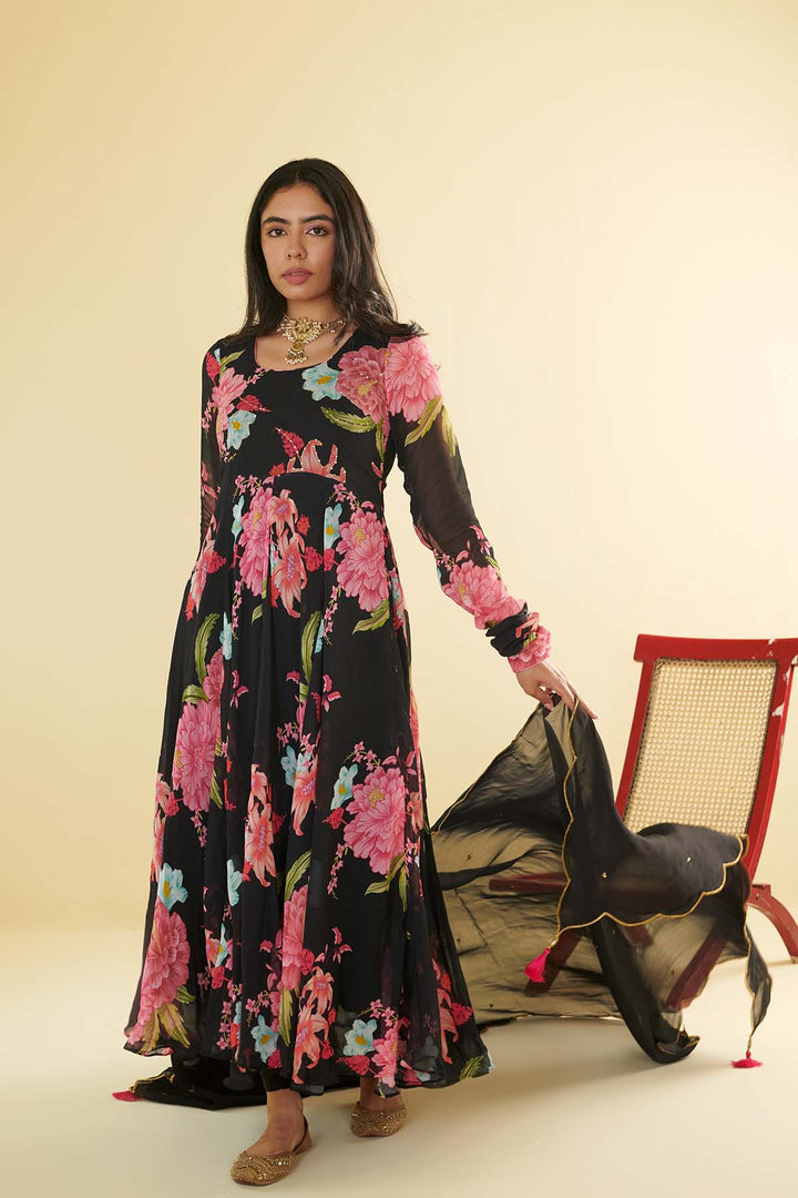 Floral Fiesta Brown printed Anarkali with Chooridar and Dupatta- Set of 3