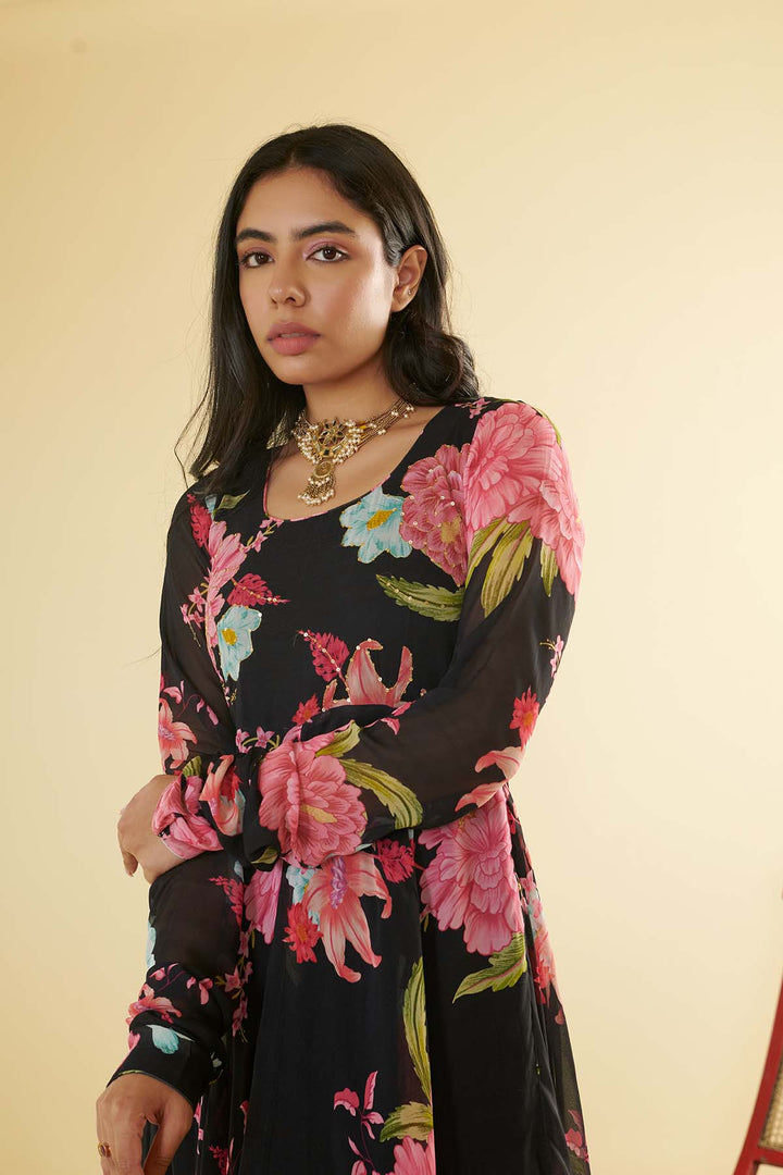 Floral Fiesta Brown printed Anarkali with Chooridar and Dupatta- Set of 3