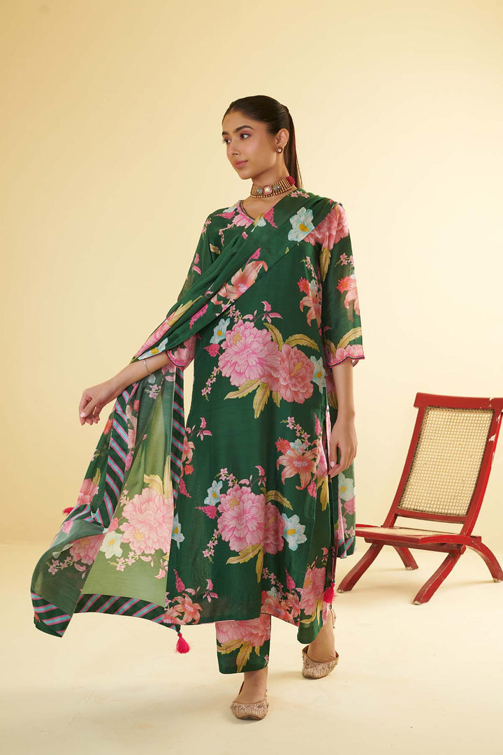 Floral Fiesta Green EMBROIDERED KURTA SET of 3