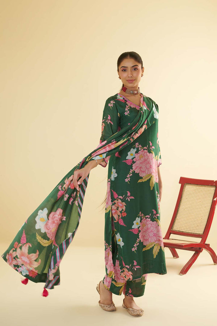 Floral Fiesta Green EMBROIDERED KURTA SET of 3
