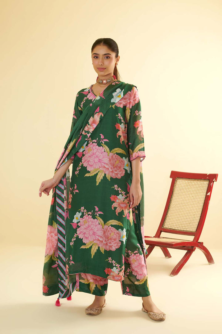 Floral Fiesta Green EMBROIDERED KURTA SET of 3