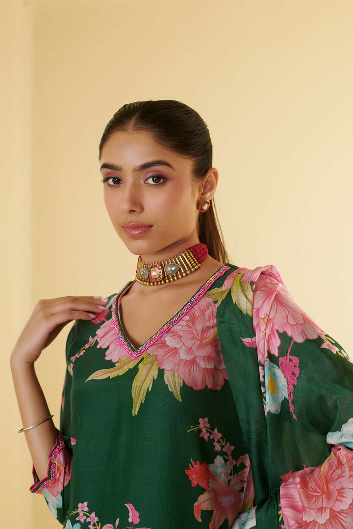 Floral Fiesta Green EMBROIDERED KURTA SET of 3