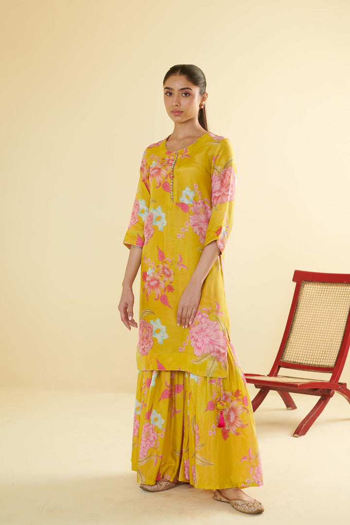 Floral Fiesta Lime Green Printed Short kurta with Sharara and Dupatta- Set of 3