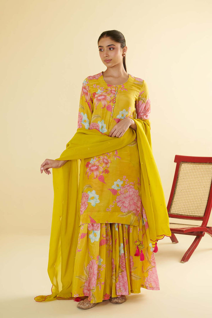 Floral Fiesta Lime Green Printed Short kurta with Sharara and Dupatta- Set of 3