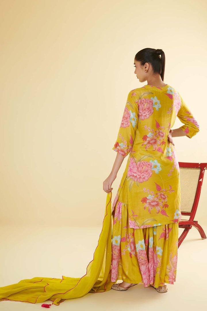 Floral Fiesta Lime Green Printed Short kurta with Sharara and Dupatta- Set of 3