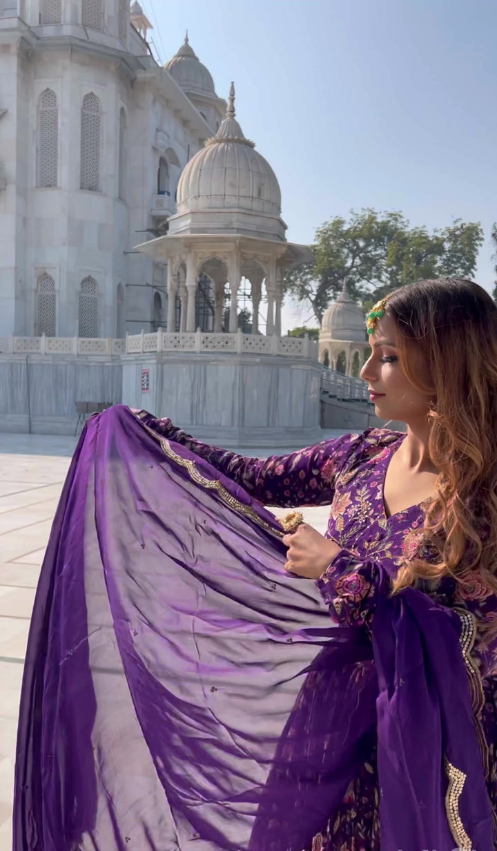 Swati in Raag Purple Floral print Lehenga with Floral print Blouse and Dupatta - Set of 3