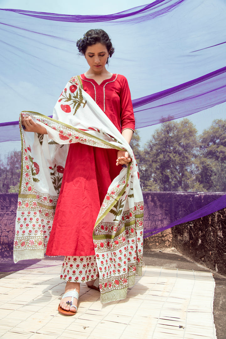 Red Cotton Kalidar Gota Kurta with Off White Hand Block Printed Palazzo and Mulmul Dupatta- Set of 3
