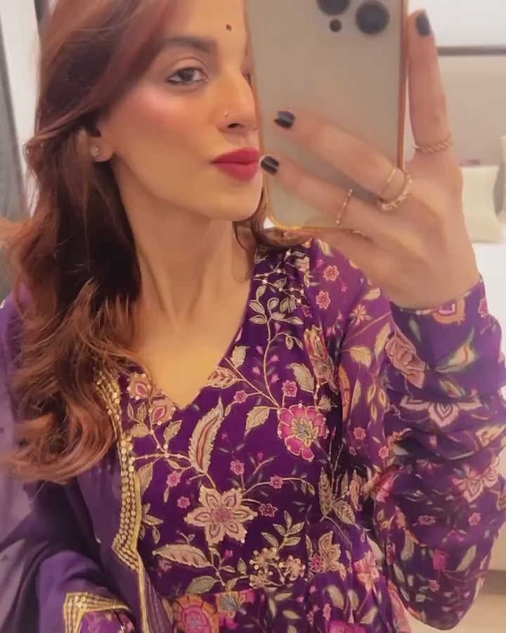 Mehak Jain in Raag Purple Floral Printed Anarkali with Chooridar and Dupatta- set of 3