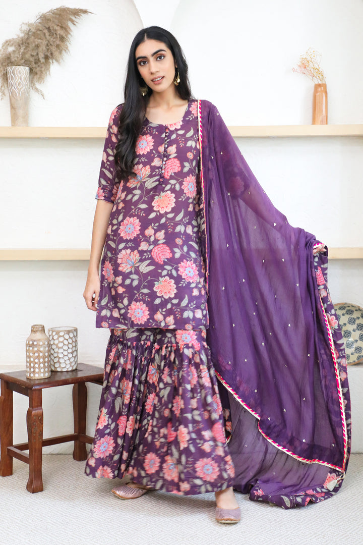 Purple Printed Short kurta with Sharara and Dupatta- Set of 3