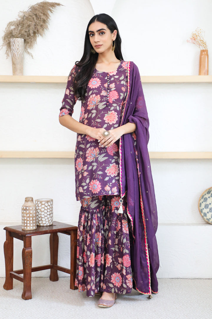 Purple Printed Short kurta with Sharara and Dupatta- Set of 3
