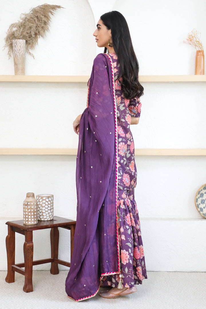 Purple Printed Short kurta with Sharara and Dupatta- Set of 3