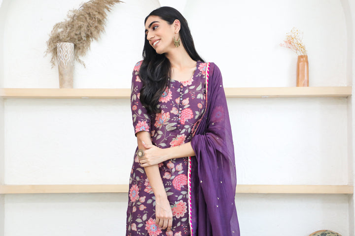 Purple Printed Short kurta with Sharara and Dupatta- Set of 3
