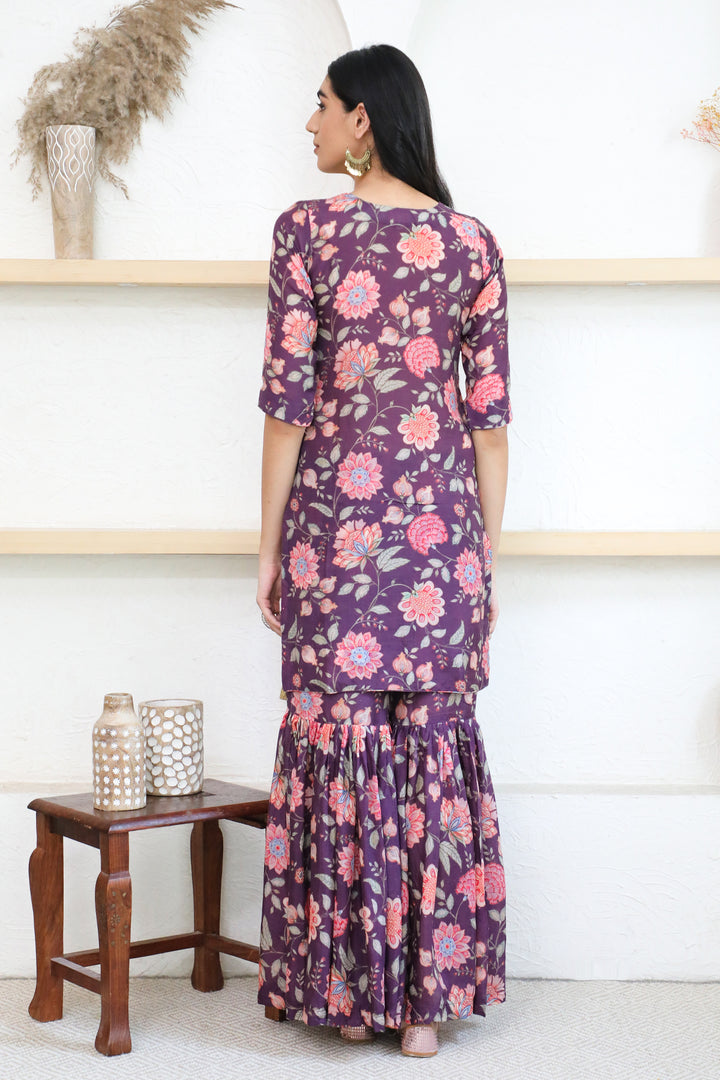 Purple Printed Short kurta with Sharara and Dupatta- Set of 3