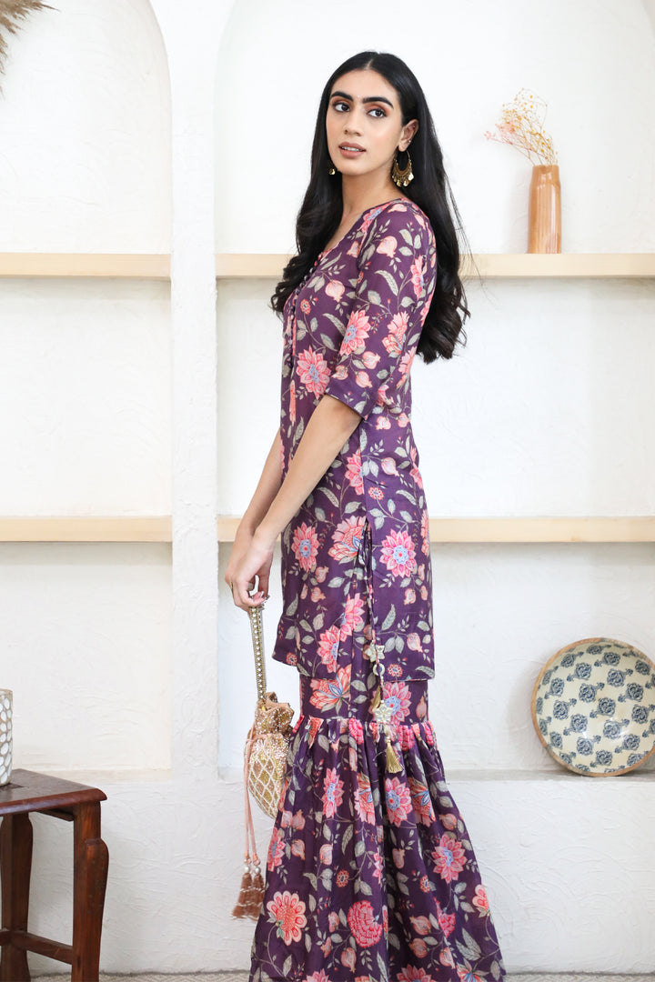 Purple Printed Short kurta with Sharara and Dupatta- Set of 3