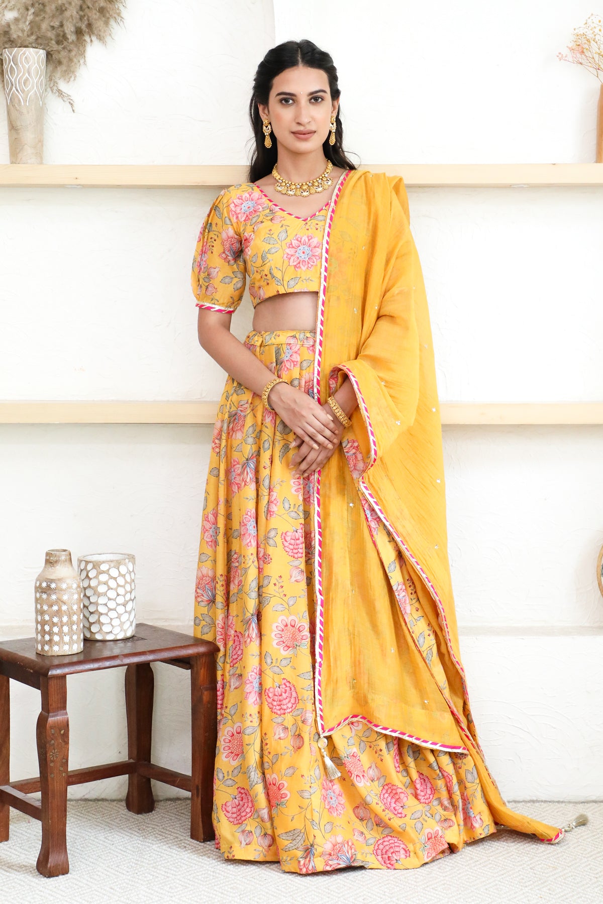 Yellow floral printed crop top and lehenga with dupatta - Set Of Three by  Alaya