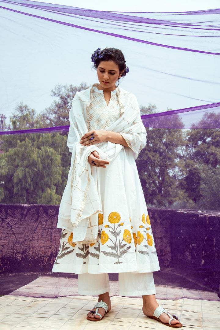 Off White and Yellow Gota Hand Block Printed Cotton Kalidar Kurta with Palazzo and Chanderi Dupatta- Set of 3