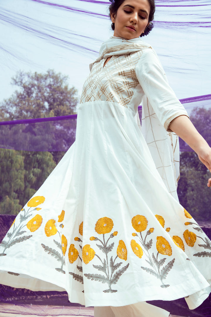 Off White and Yellow Gota Hand Block Printed Cotton Kalidar Kurta with Palazzo and Chanderi Dupatta- Set of 3