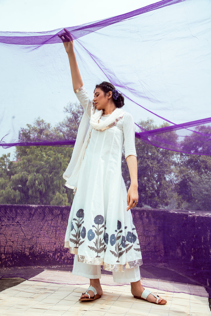 Off White Blue Hand Block Printed Cotton Anarkali Kurta with Palazzo and Chanderi Crushed Dupatta- Set of 3