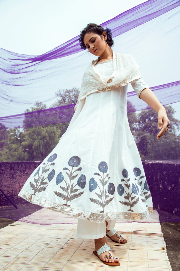 Off White Blue Hand Block Printed Cotton Anarkali Kurta with Palazzo and Chanderi Crushed Dupatta- Set of 3