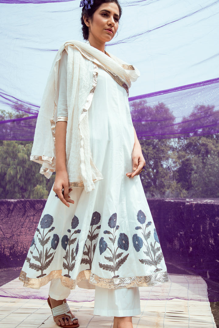 Off White Blue Hand Block Printed Cotton Anarkali Kurta with Palazzo and Chanderi Crushed Dupatta- Set of 3