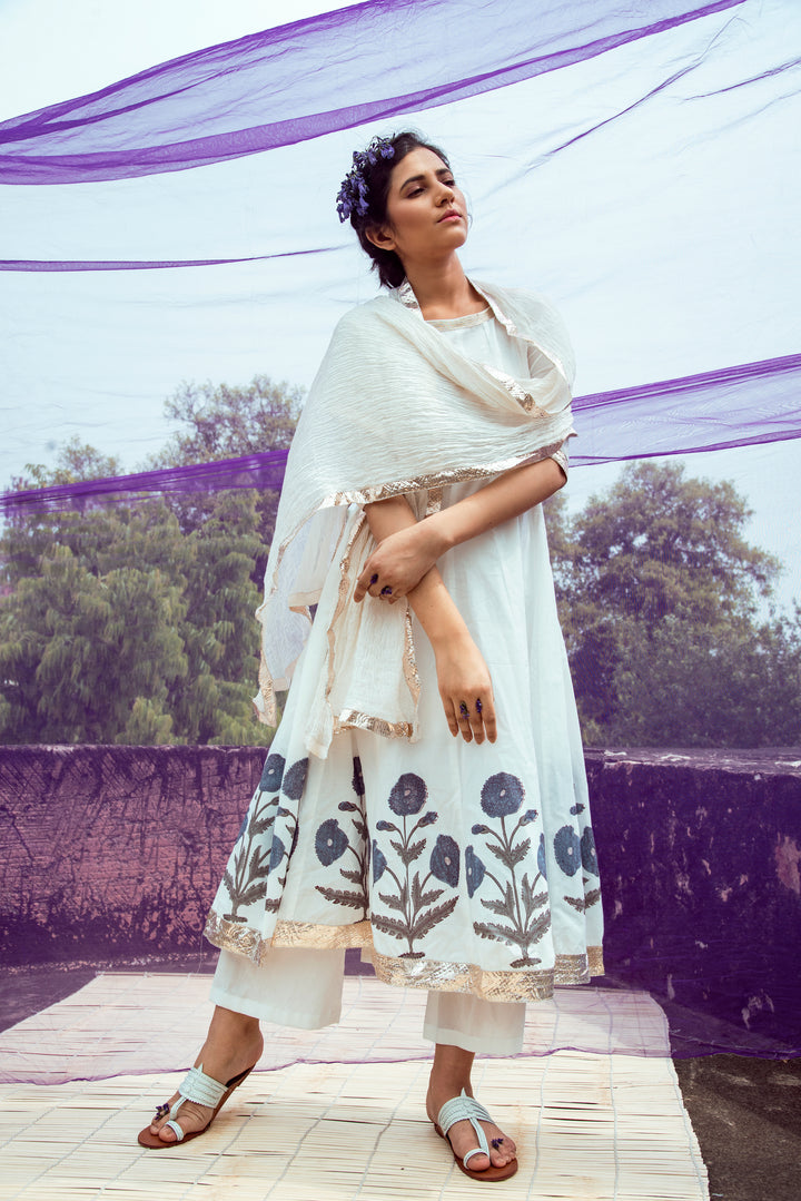 Off White Blue Hand Block Printed Cotton Anarkali Kurta with Palazzo and Chanderi Crushed Dupatta- Set of 3