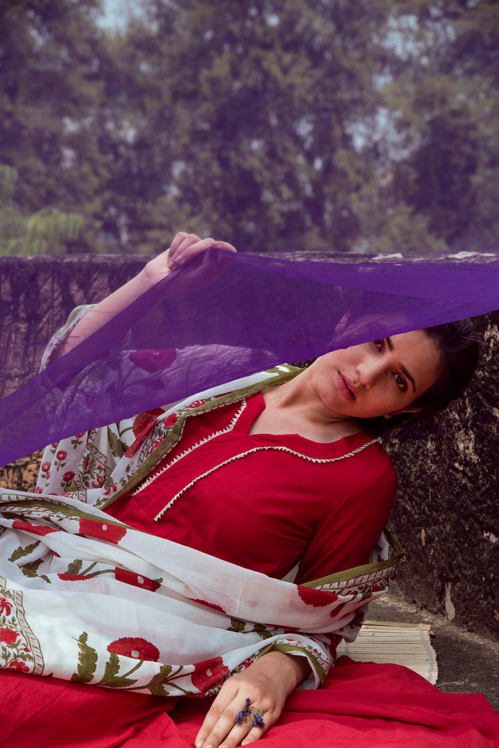 Red Cotton Kalidar Gota Kurta with Off White Hand Block Printed Palazzo and Mulmul Dupatta- Set of 3