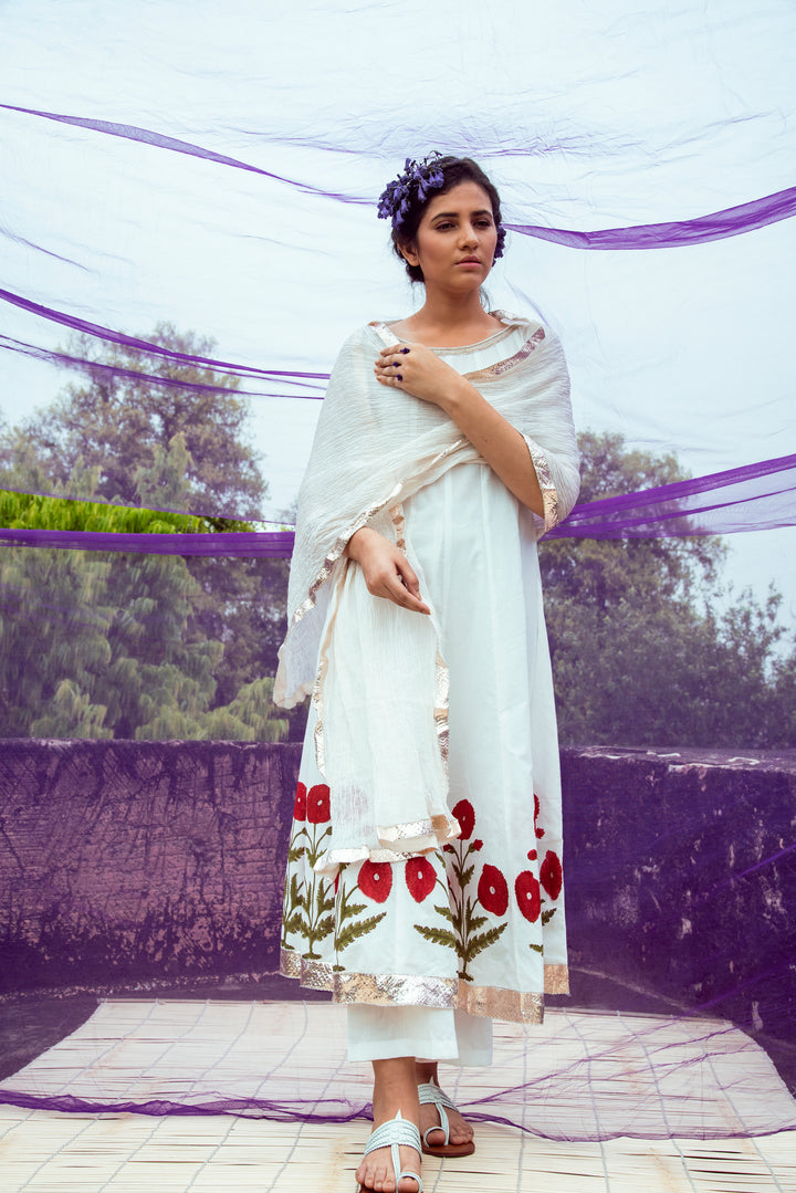 Off White and Red Gota Hand Block Printed Cotton Kalidar Kurta with Palazzo and Chanderi Dupatta- Set of 3