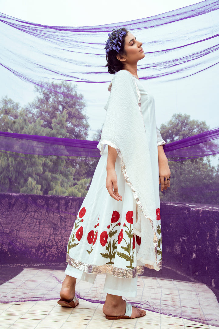 OffWhite Red Hand Block Printed Cotton Anarkali Kurta with Palazzo and Chanderi Crushed Dupatta- Set of 3