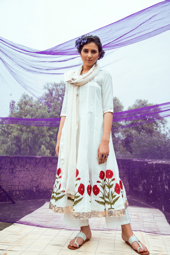 Bipasha Basu in Off White Red Hand Block Printed Cotton Anarkali Kurta with Palazzo and Chanderi Crushed Dupatta- Set of 3