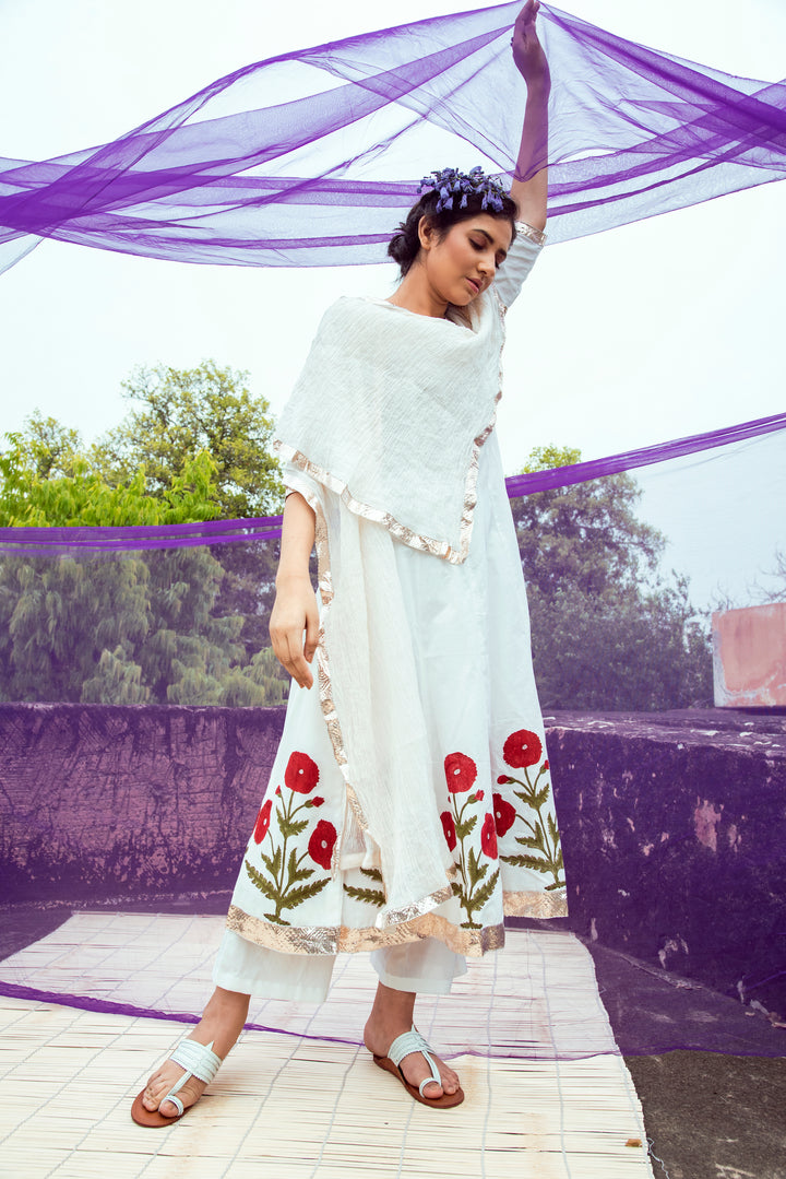 Off White and Red Gota Hand Block Printed Cotton Kalidar Kurta with Palazzo and Chanderi Dupatta- Set of 3