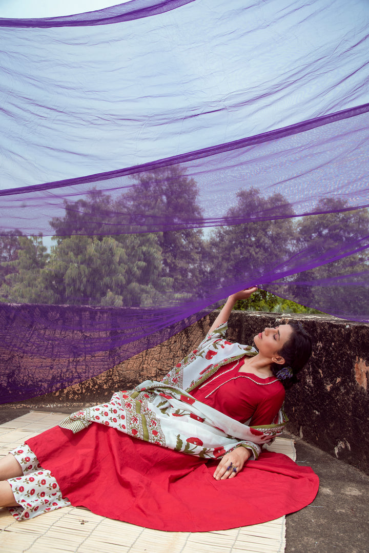 Red Cotton Kalidar Gota Kurta with Off White Hand Block Printed Palazzo and Mulmul Dupatta- Set of 3