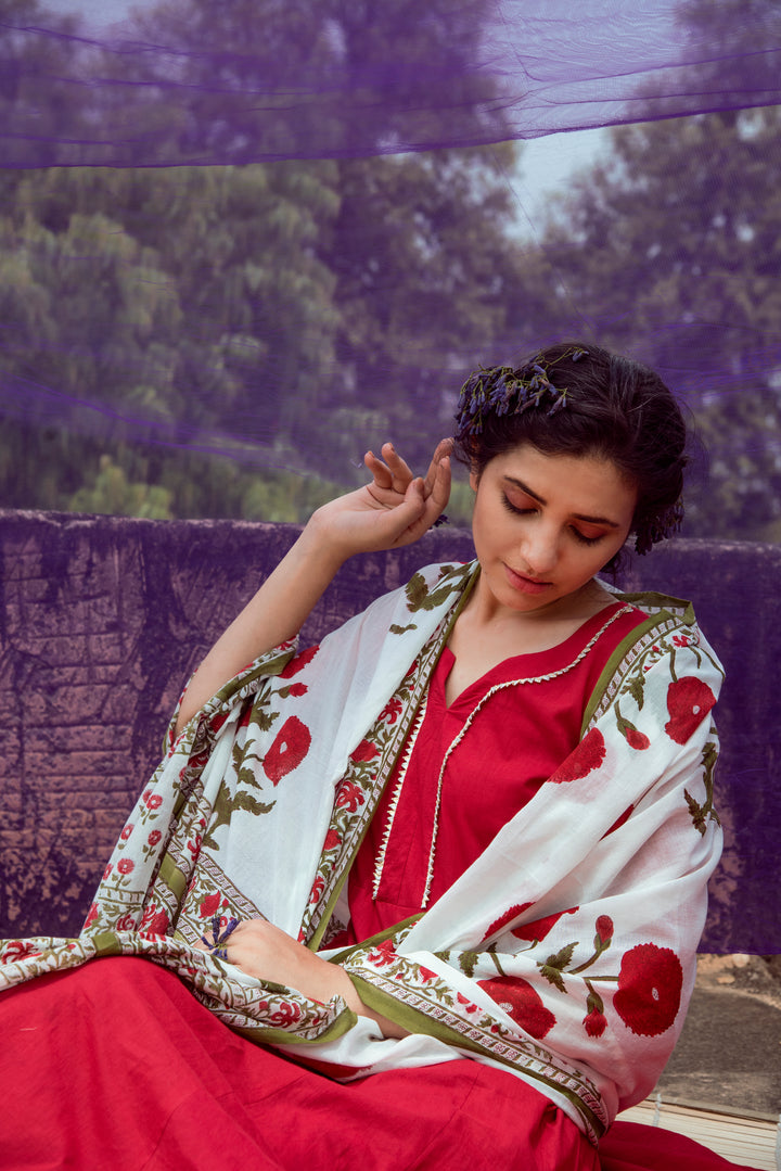 Red Cotton Kalidar Gota Kurta with Off White Hand Block Printed Palazzo and Mulmul Dupatta- Set of 3