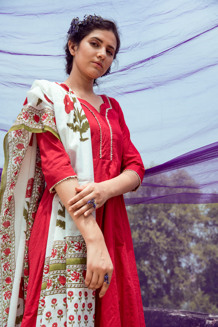 Red Cotton Kalidar Gota Kurta with Off White Hand Block Printed Palazzo and Mulmul Dupatta- Set of 3