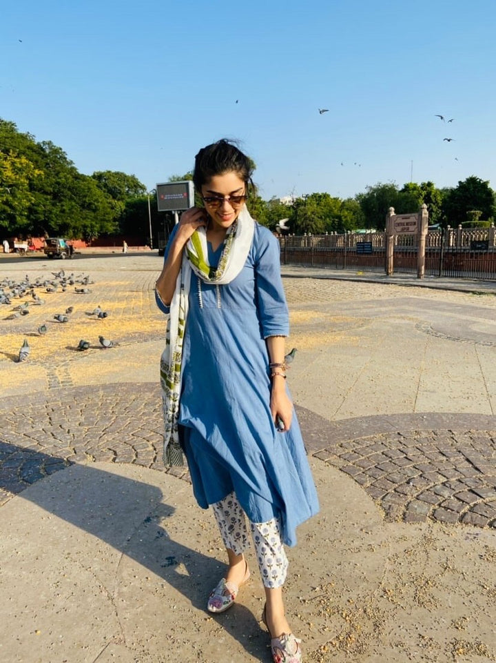 Blue Cotton Kalidar Gota Kurta with Off White Hand Block Printed Palazzo and Mulmul Dupatta- Set of 3